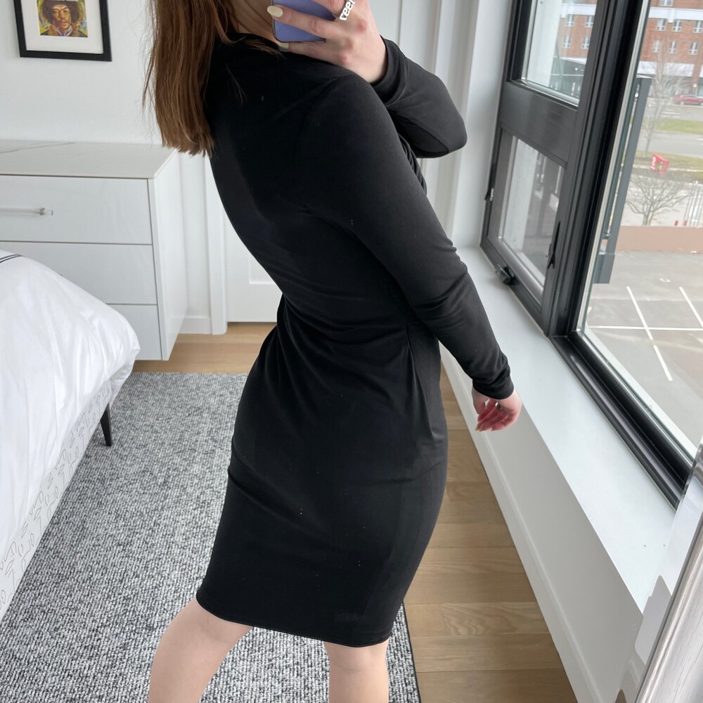 David Meister Asymmetrical Neck Sheath Dress Black 2 - Picture 5 of 7
